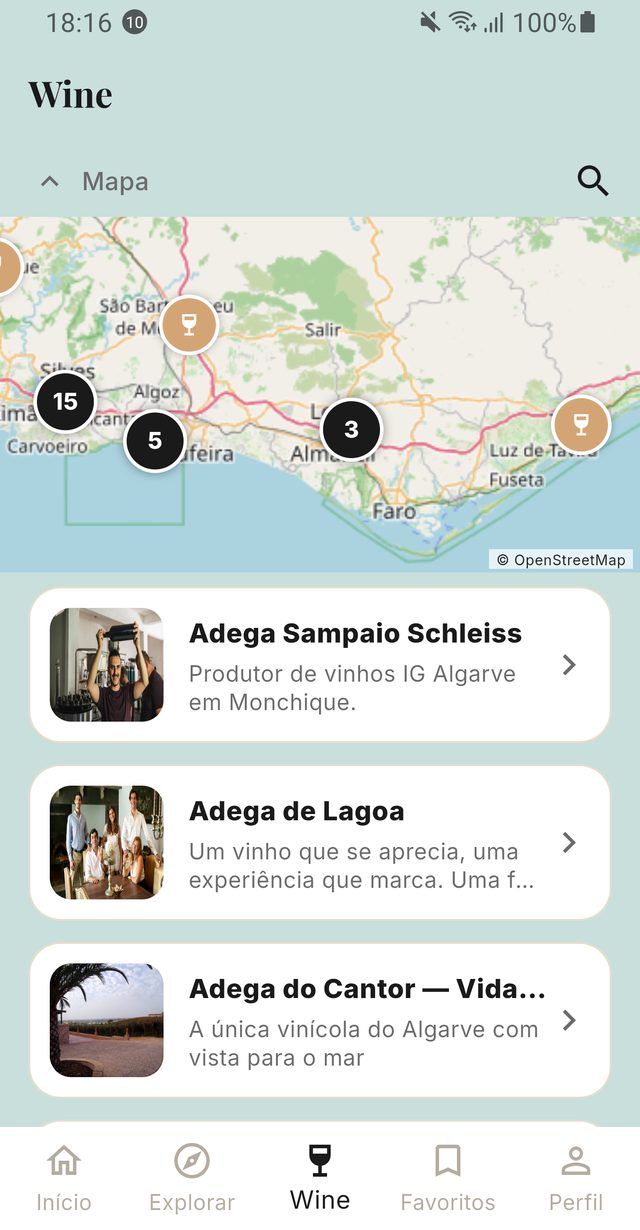 Ecrã da Rota dos Vinhos: mapa com as adegas e lista de adegas com fotografia